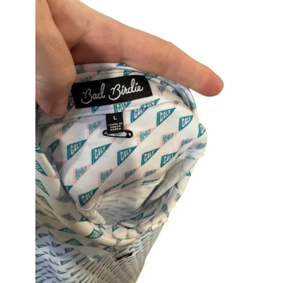 Women's Bad Birdie White Teal Golf Print Sleeveless Polo Top L - Picture 4 of 4